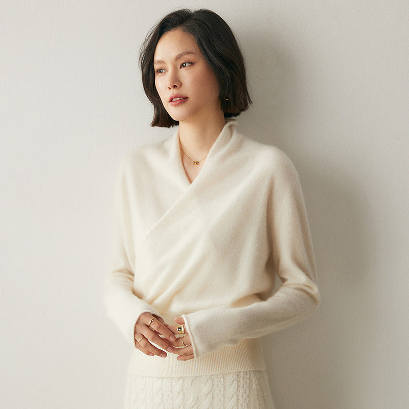 Women's Solid Color V-Neck Cross Cashmere Sweater Top