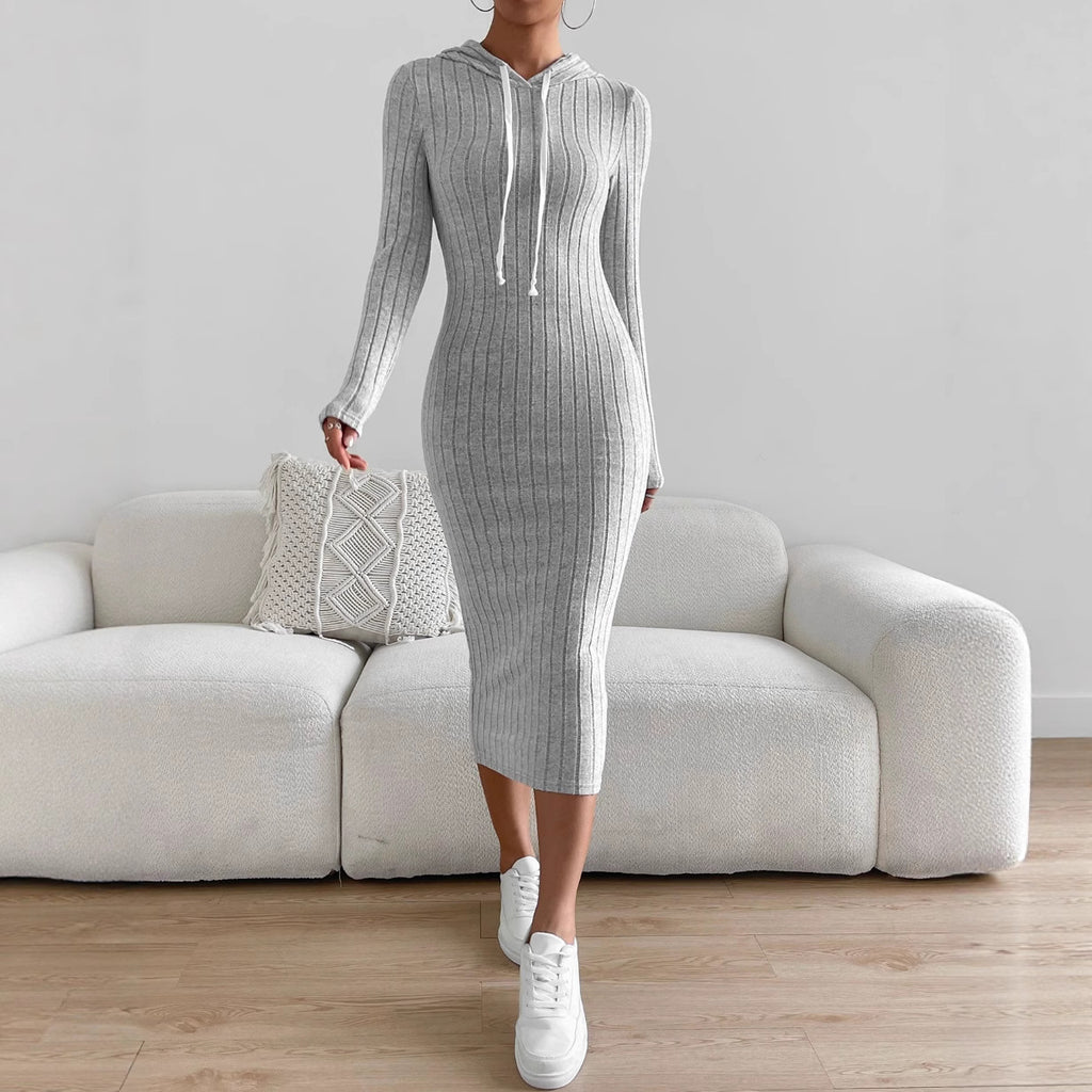 Women's Solid Color Versatile Hooded Knit Long Dress