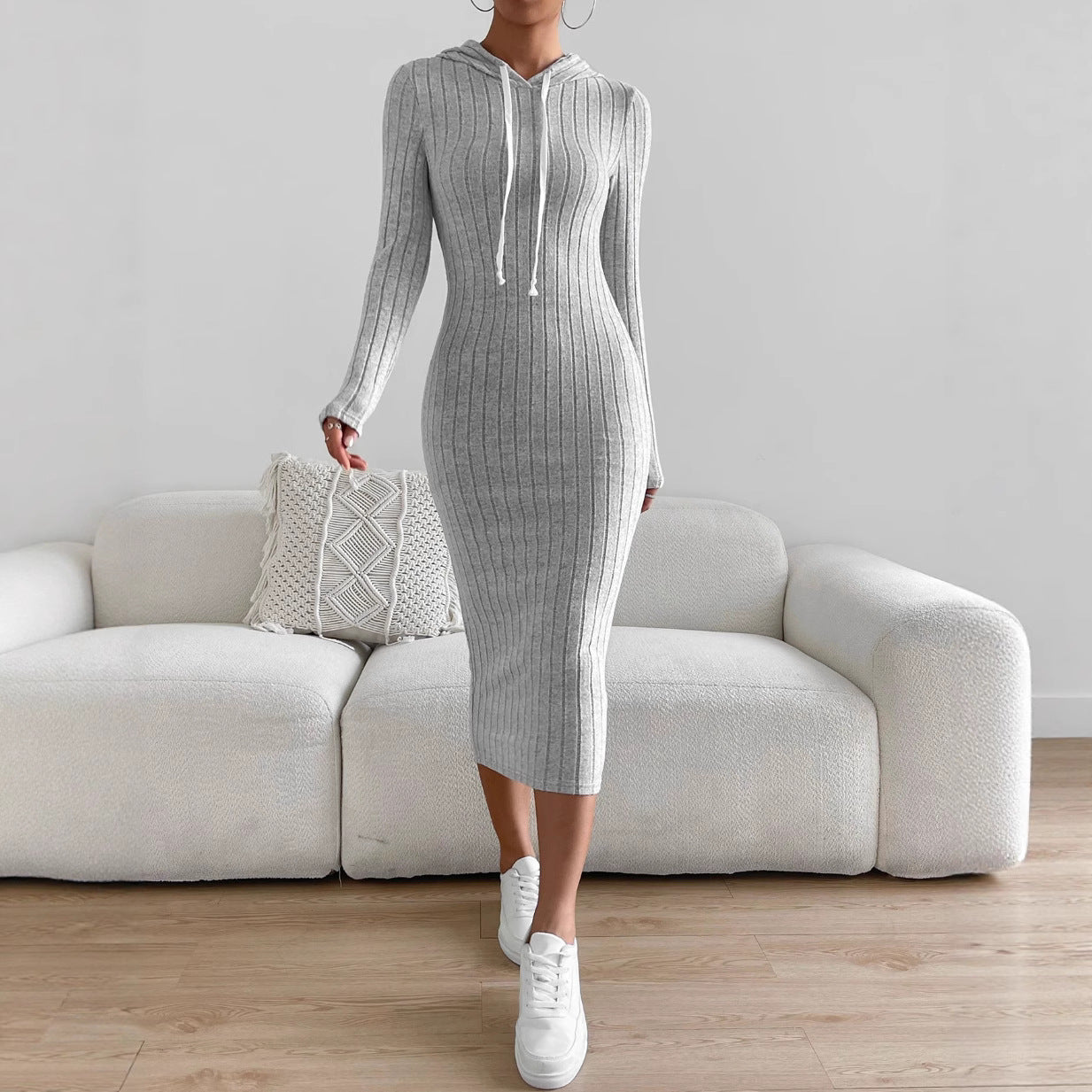 Women's Solid Color Versatile Hooded Knit Long Dress
