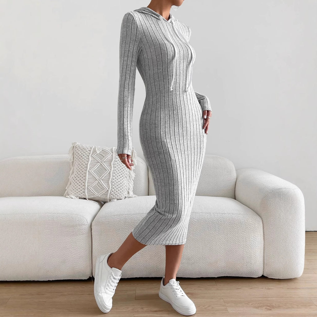 Women's Solid Color Versatile Hooded Knit Long Dress