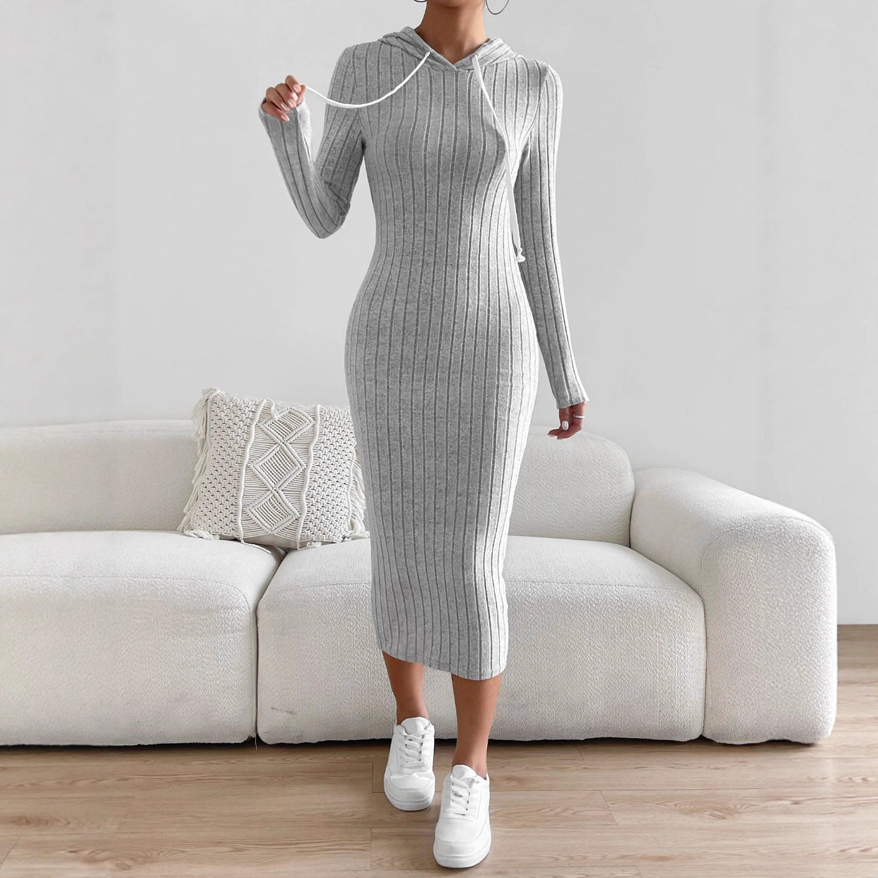 Women's Solid Color Versatile Hooded Knit Long Dress