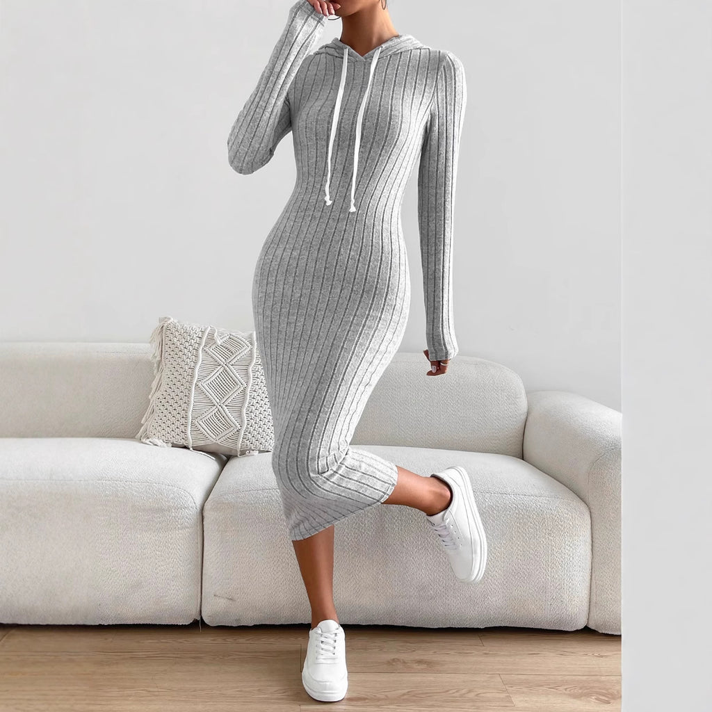 Women's Solid Color Versatile Hooded Knit Long Dress