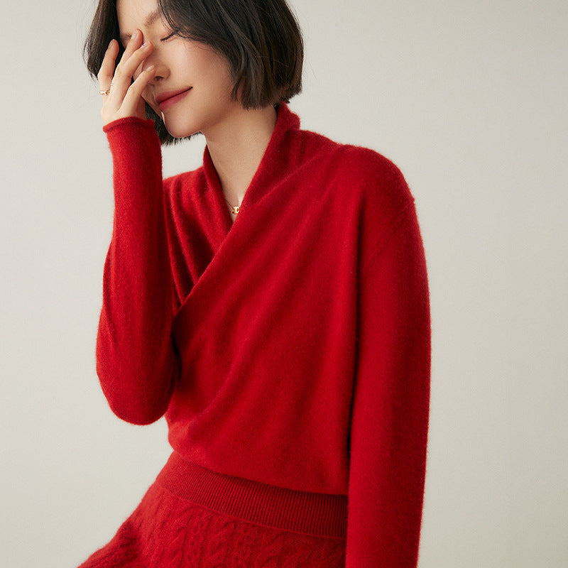 Women's Solid Color V-Neck Cross Cashmere Sweater Top