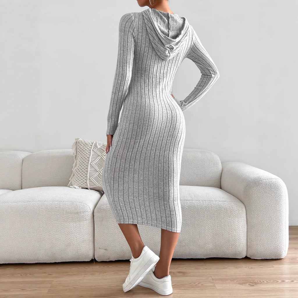Women's Solid Color Versatile Hooded Knit Long Dress